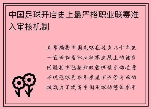 中国足球开启史上最严格职业联赛准入审核机制