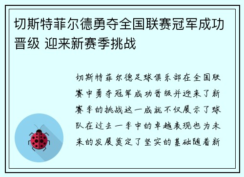 切斯特菲尔德勇夺全国联赛冠军成功晋级 迎来新赛季挑战 切斯特菲尔德勇夺全国联赛冠军成功晋级 迎来新赛季挑战